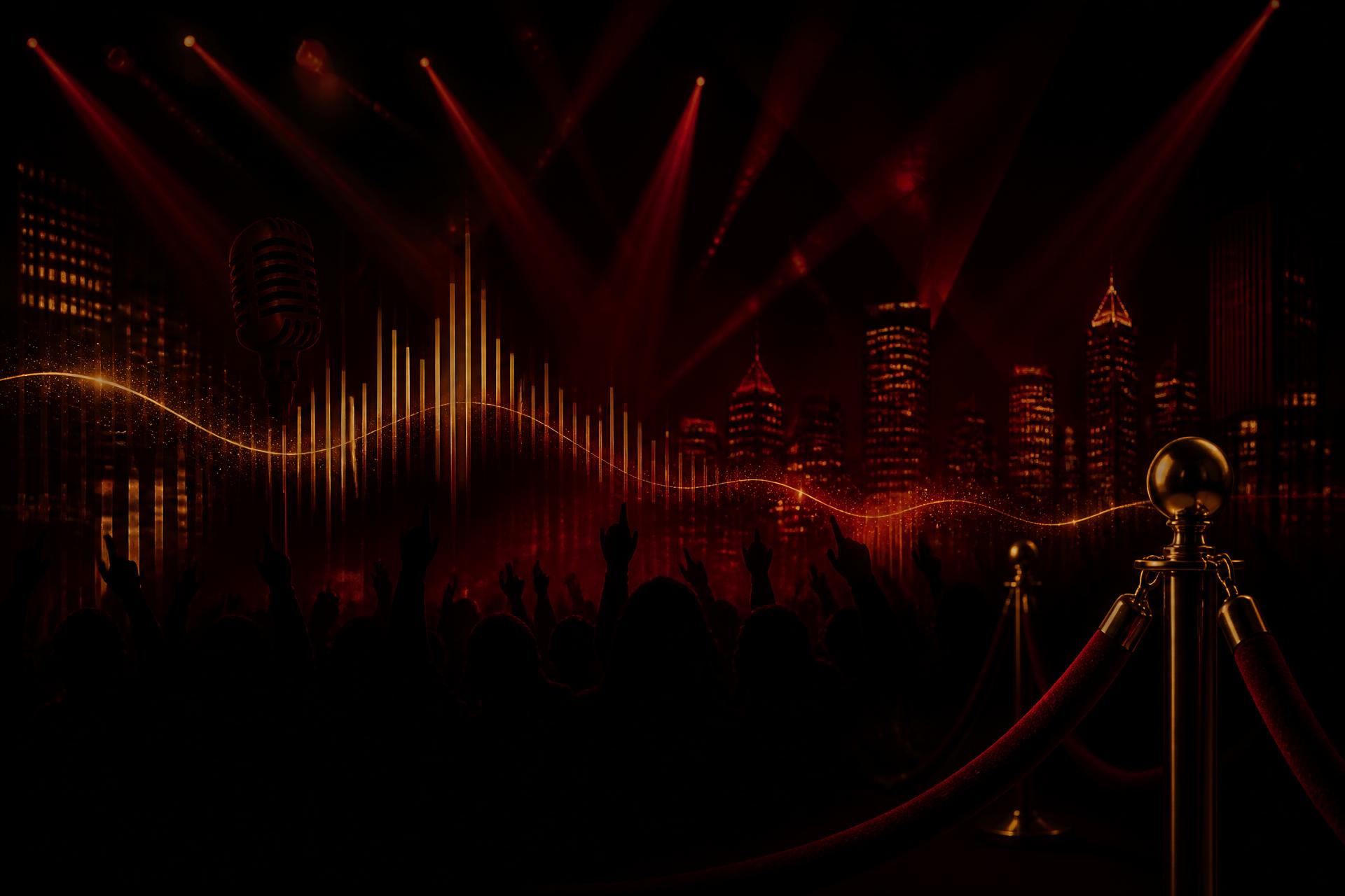 Gold and burgundy stage lights over a silhouetted concert crowd